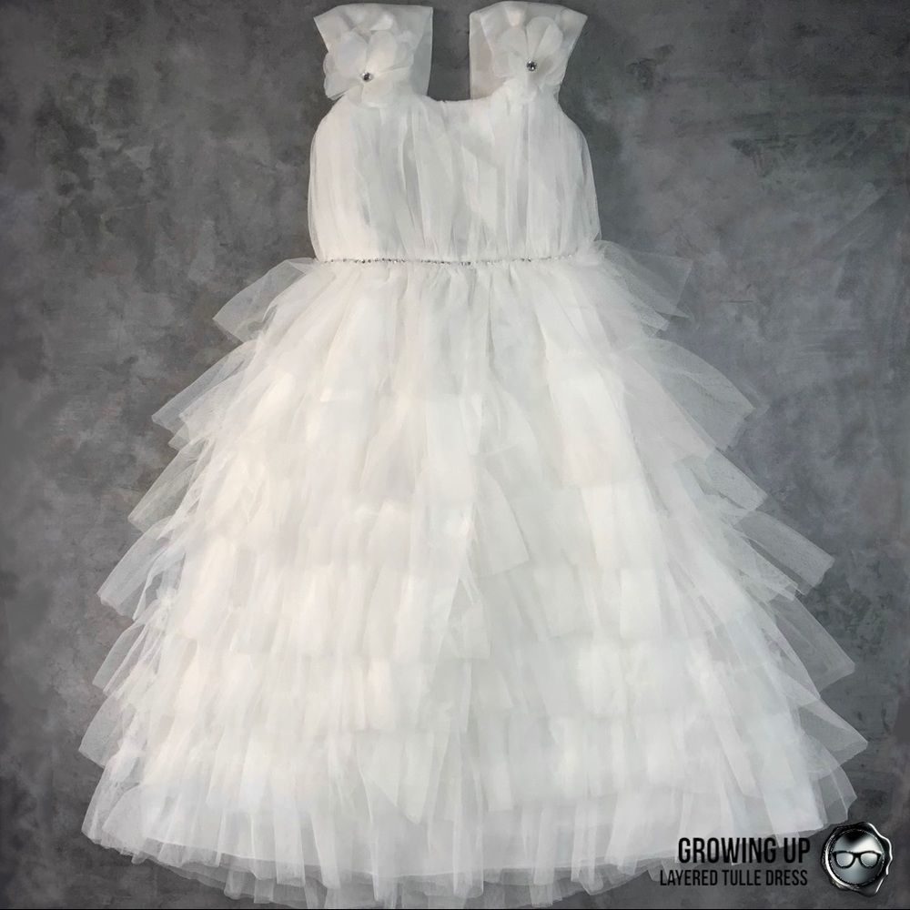 LAYERED MESH TULE PARTY DRESS IN OFF WHITE TEA LENGTH EMPIRE WAIST GIRLS SIZE 4